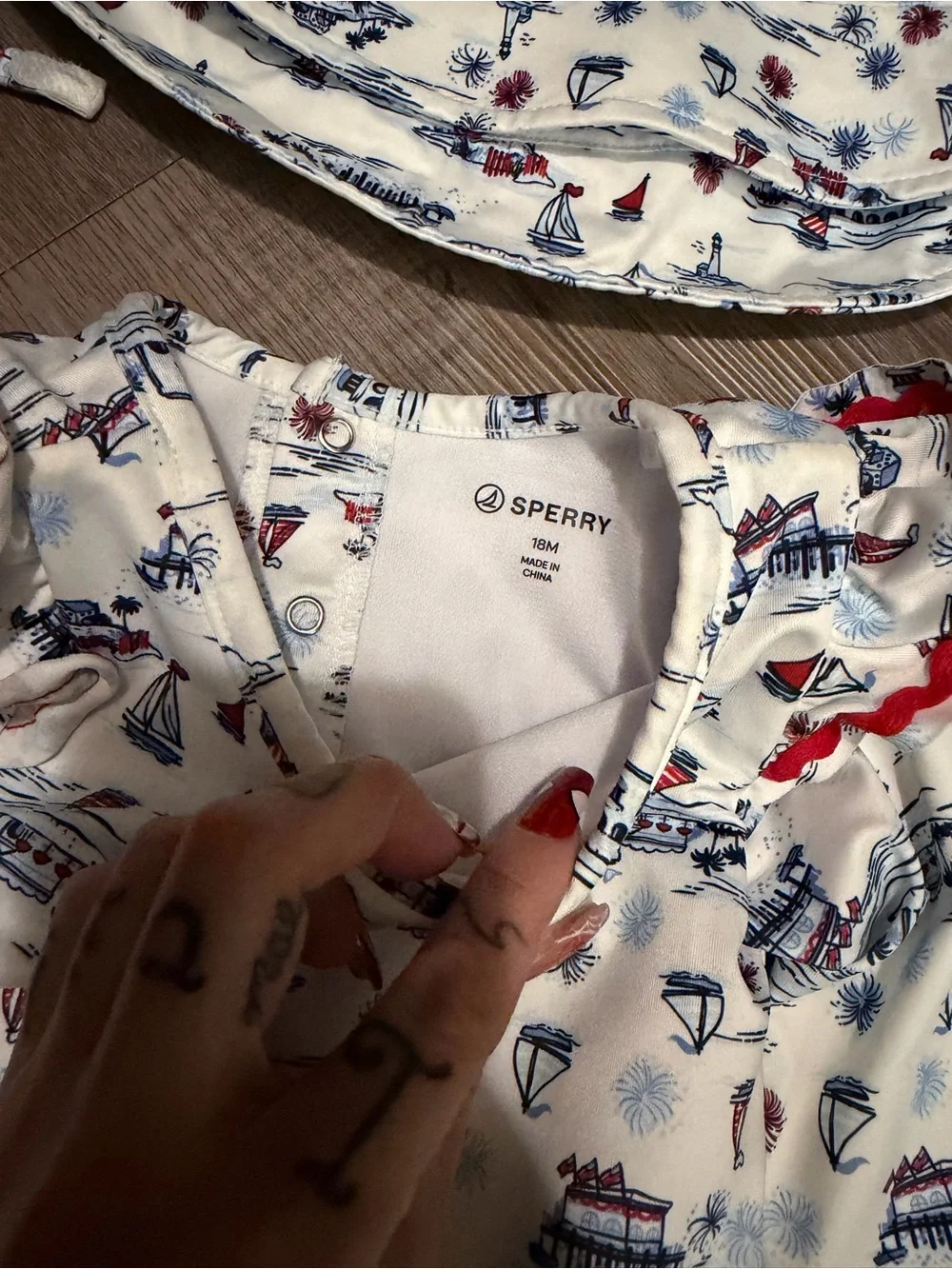 Long-Sleeve Swim Set in Cream with Red & Blue Nautical Print- 18month- nwot